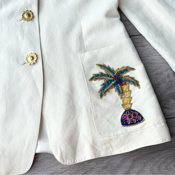 Vintage Louis Feraud Set Ivory Linen Blend Palm Tree Beaded Accent Blazer - Picture 7 of 16